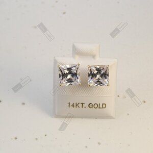 14K Solid Gold Earrings · Clear Square-Cut Cubic Zirconia · 8 mm.